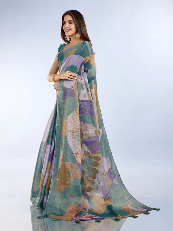 Buy Teal Abstract Print Erode Cotton Saree with Tassels