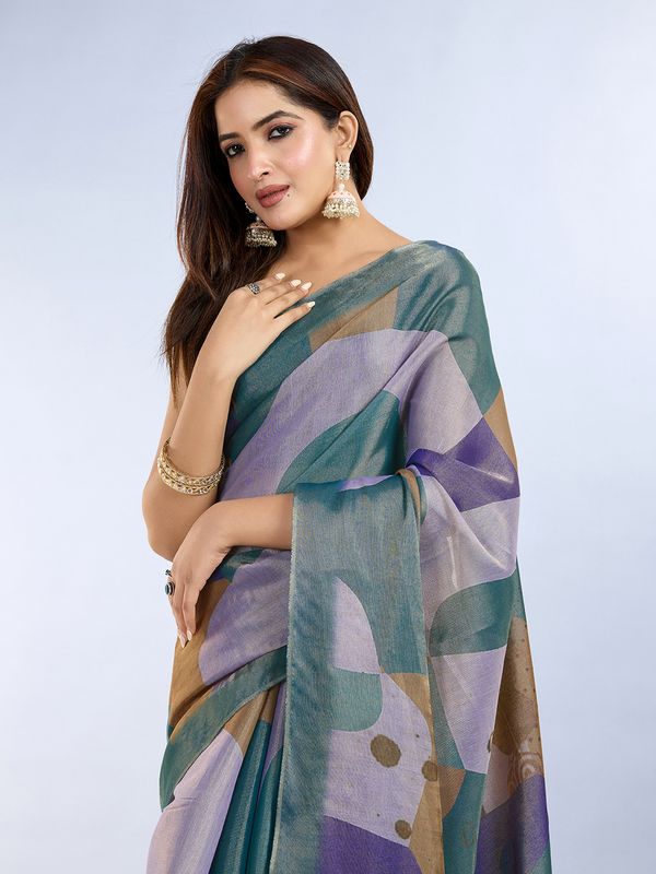 Buy Teal Abstract Print Erode Cotton Saree with Tassels