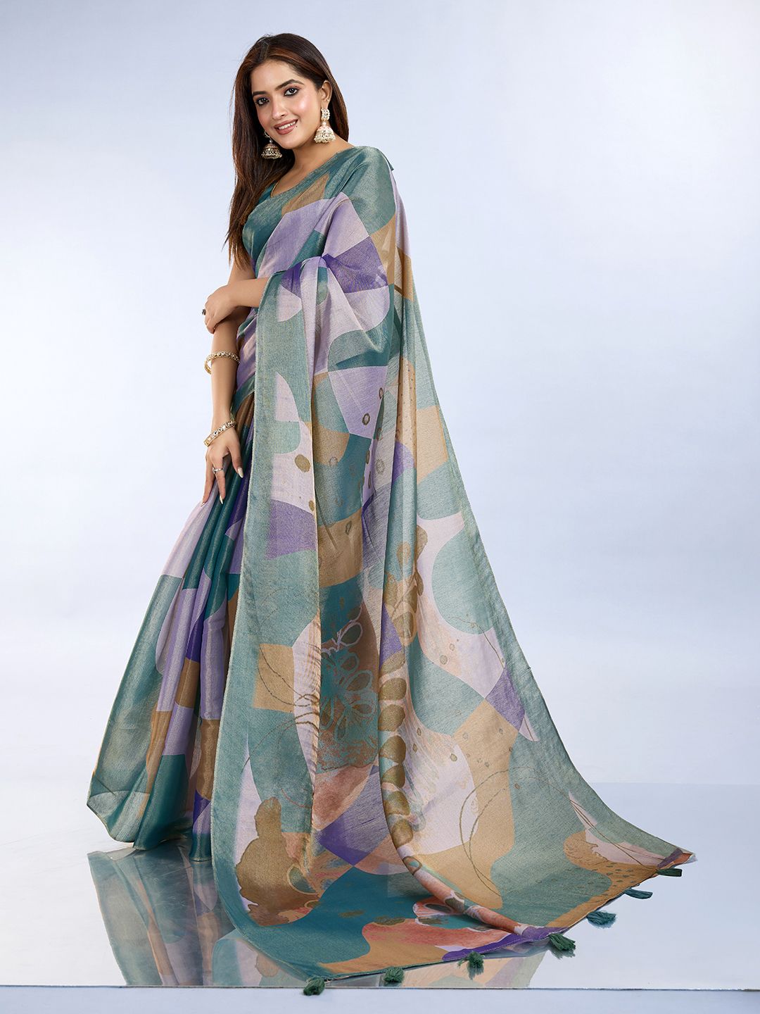Buy Teal Abstract Print Erode Cotton Saree with Tassels