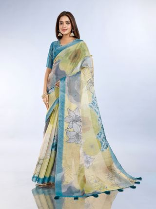 Buy Teal Floral Abstract Erode Cotton Saree with Tassel Pallu