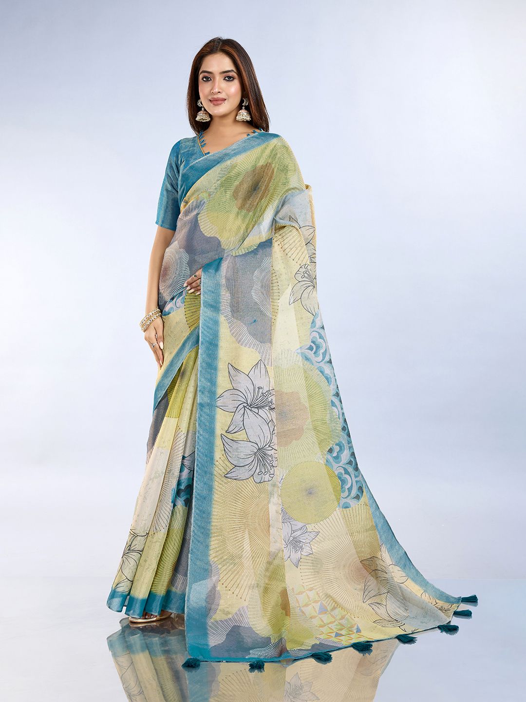 Buy Teal Floral Abstract Erode Cotton Saree with Tassel Pallu