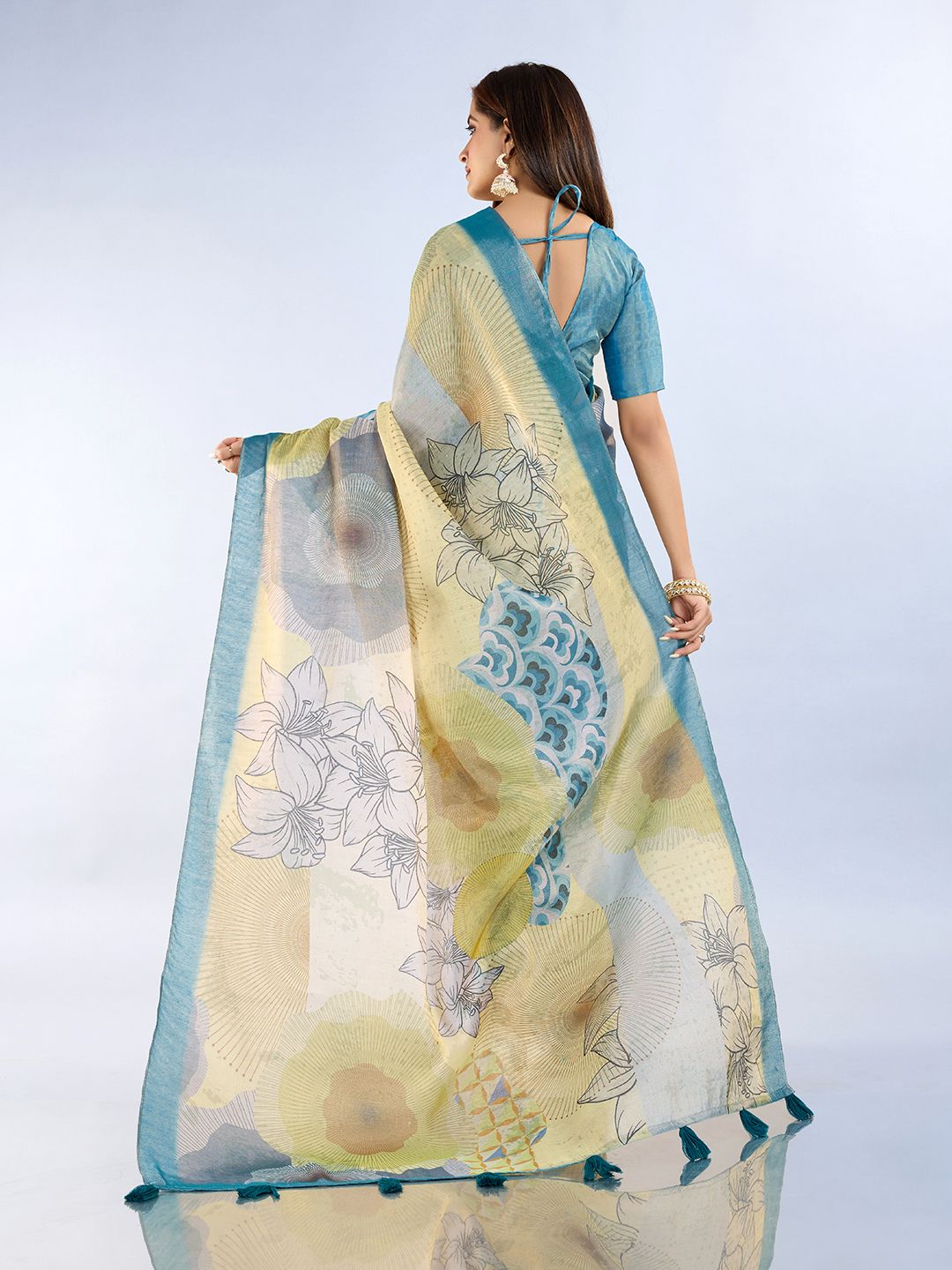 Buy Teal Floral Abstract Erode Cotton Saree with Tassel Pallu
