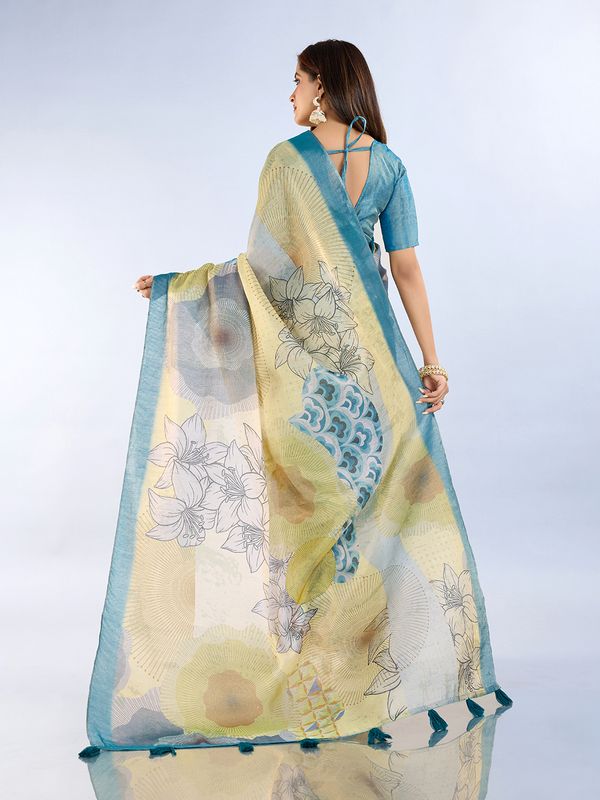 Buy Teal Floral Abstract Erode Cotton Saree with Tassel Pallu