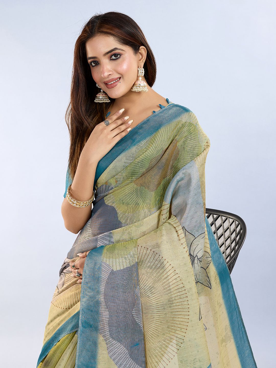 Buy Teal Floral Abstract Erode Cotton Saree with Tassel Pallu