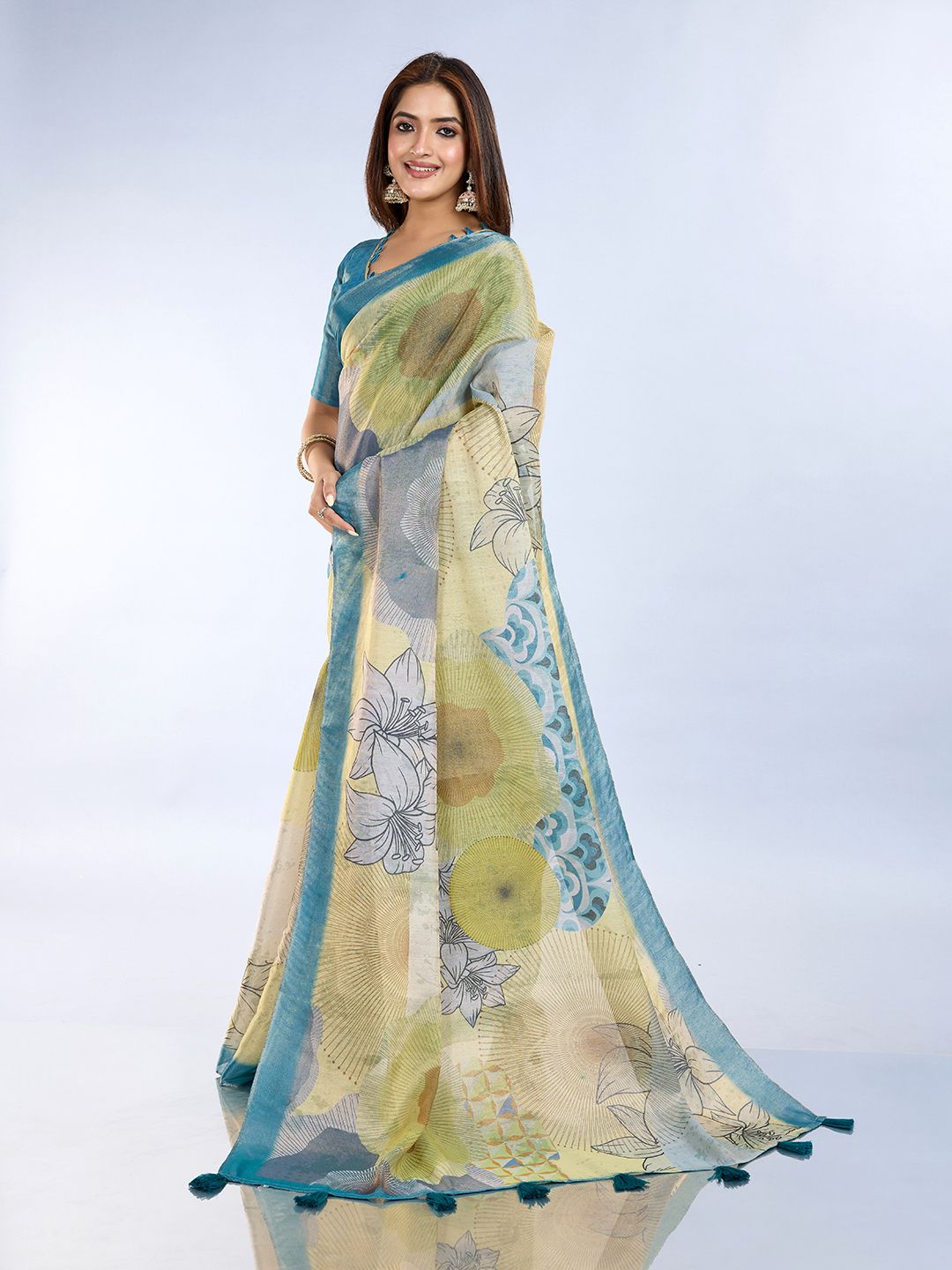 Buy Teal Floral Abstract Erode Cotton Saree with Tassel Pallu
