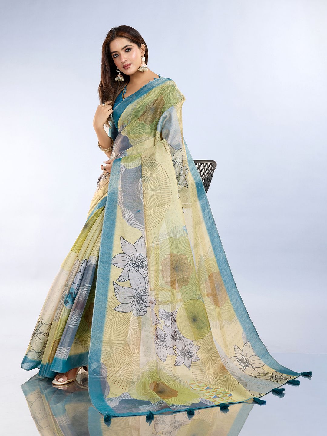 Buy Teal Floral Abstract Erode Cotton Saree with Tassel Pallu