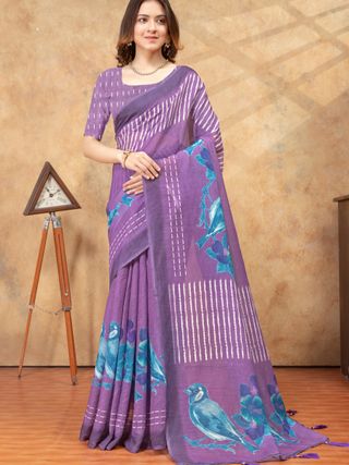 Purple Bird Print Linen Cotton Saree with Floral Pallu