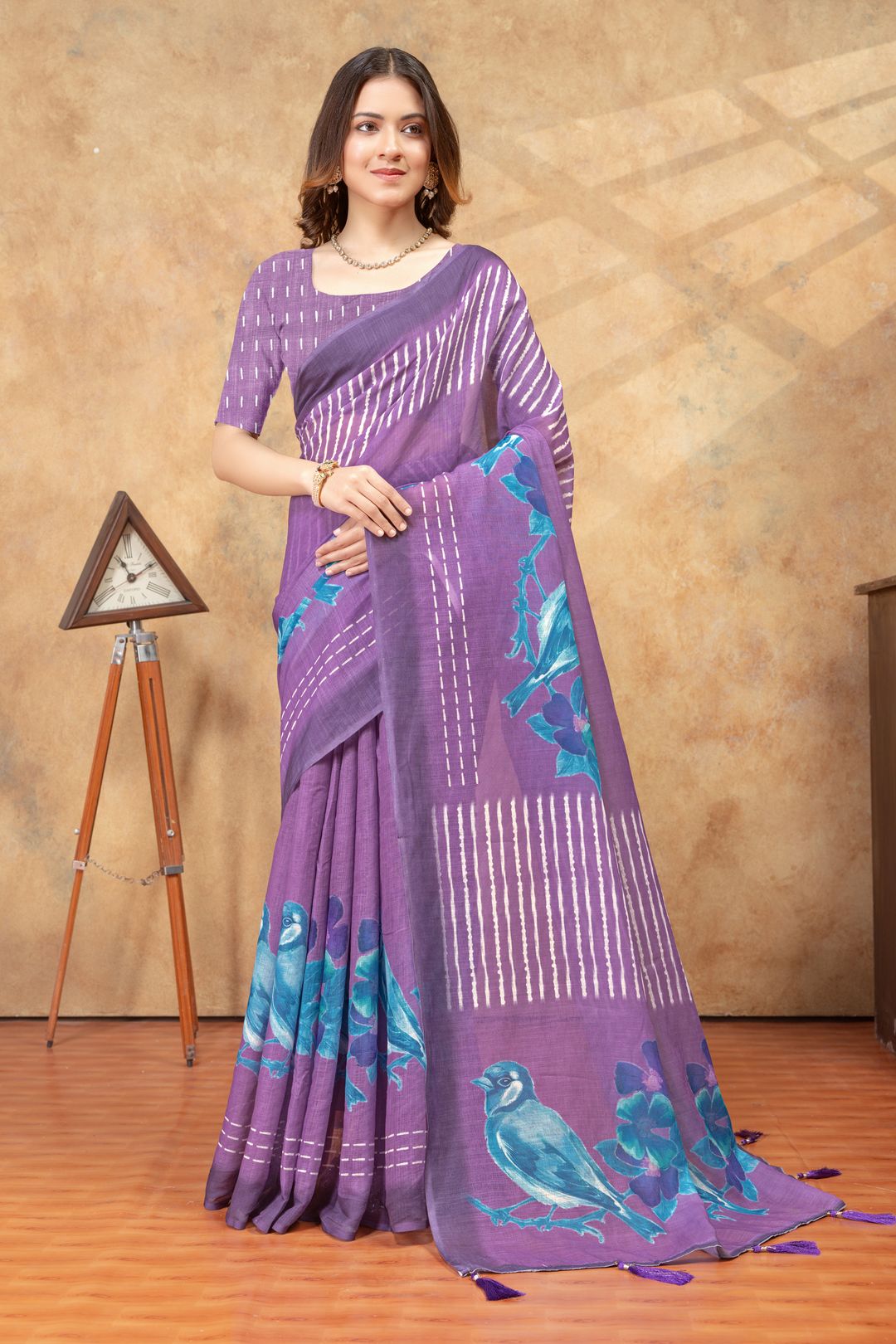 Purple Bird Print Linen Cotton Saree with Floral Pallu
