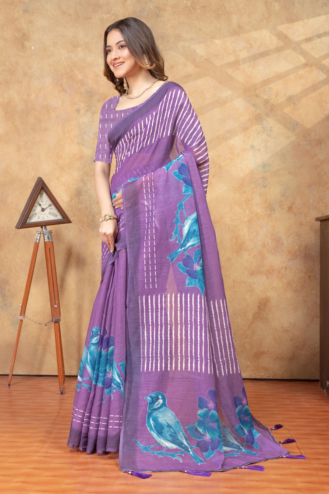 Purple Bird Print Linen Cotton Saree with Floral Pallu