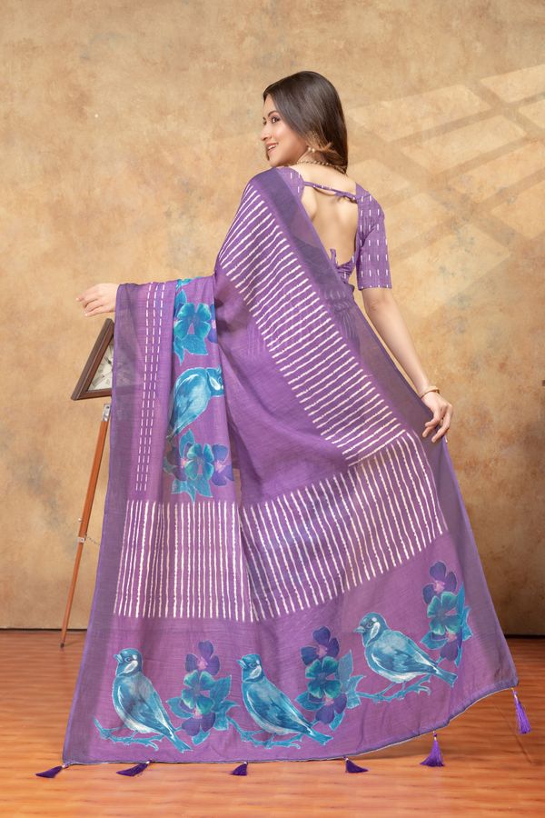 Purple Bird Print Linen Cotton Saree with Floral Pallu