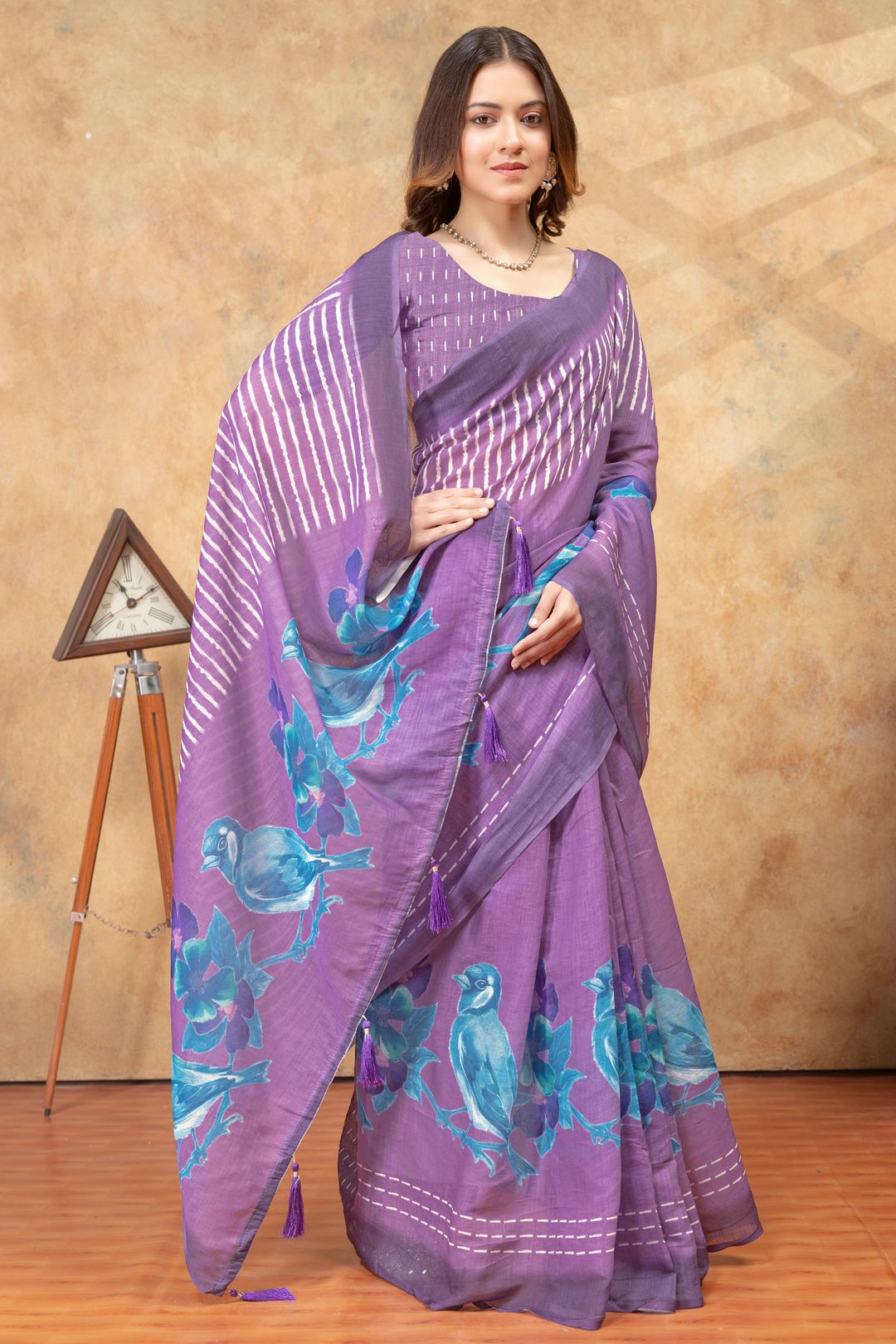 Purple Bird Print Linen Cotton Saree with Floral Pallu