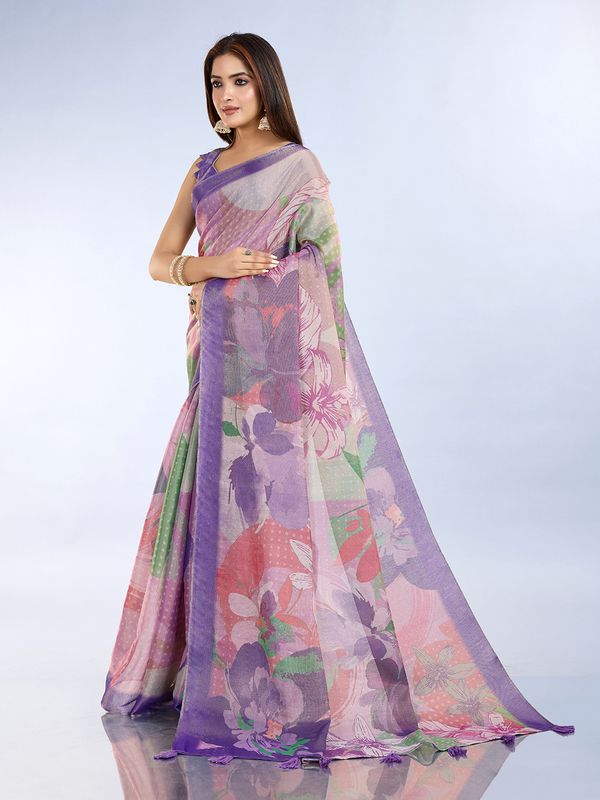 Purple Floral Erode Cotton Saree with Soft Pastel Detailing