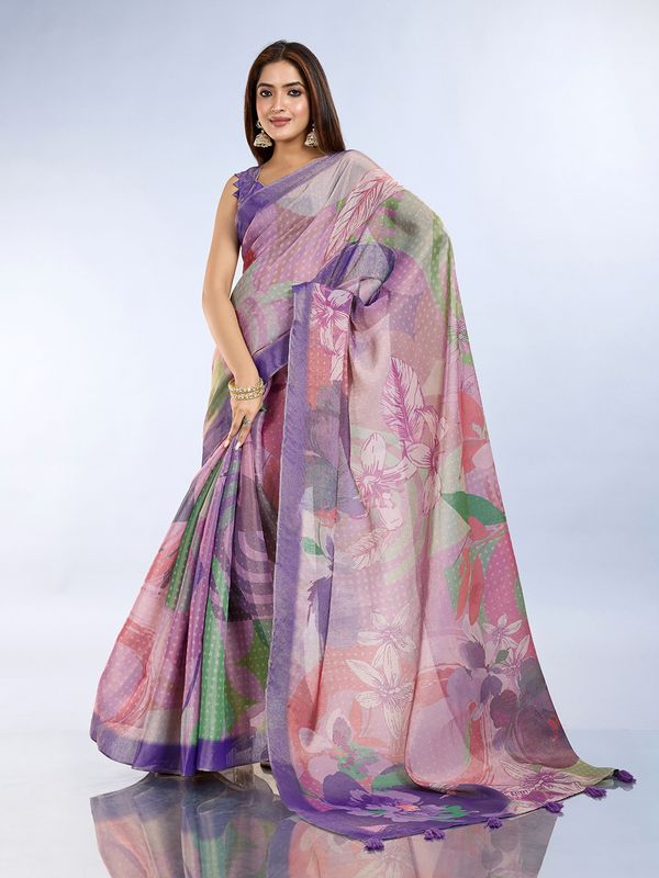 Purple Floral Erode Cotton Saree with Soft Pastel Detailing