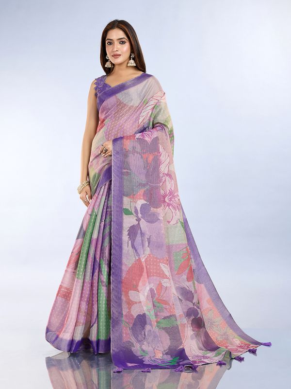 Purple Floral Erode Cotton Saree with Soft Pastel Detailing