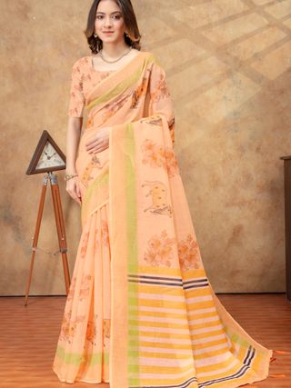 Peach Linen Cotton Floral Deer Print Saree with Striped Pallu