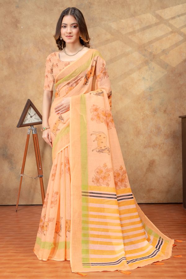 Peach Linen Cotton Floral Deer Print Saree with Striped Pallu
