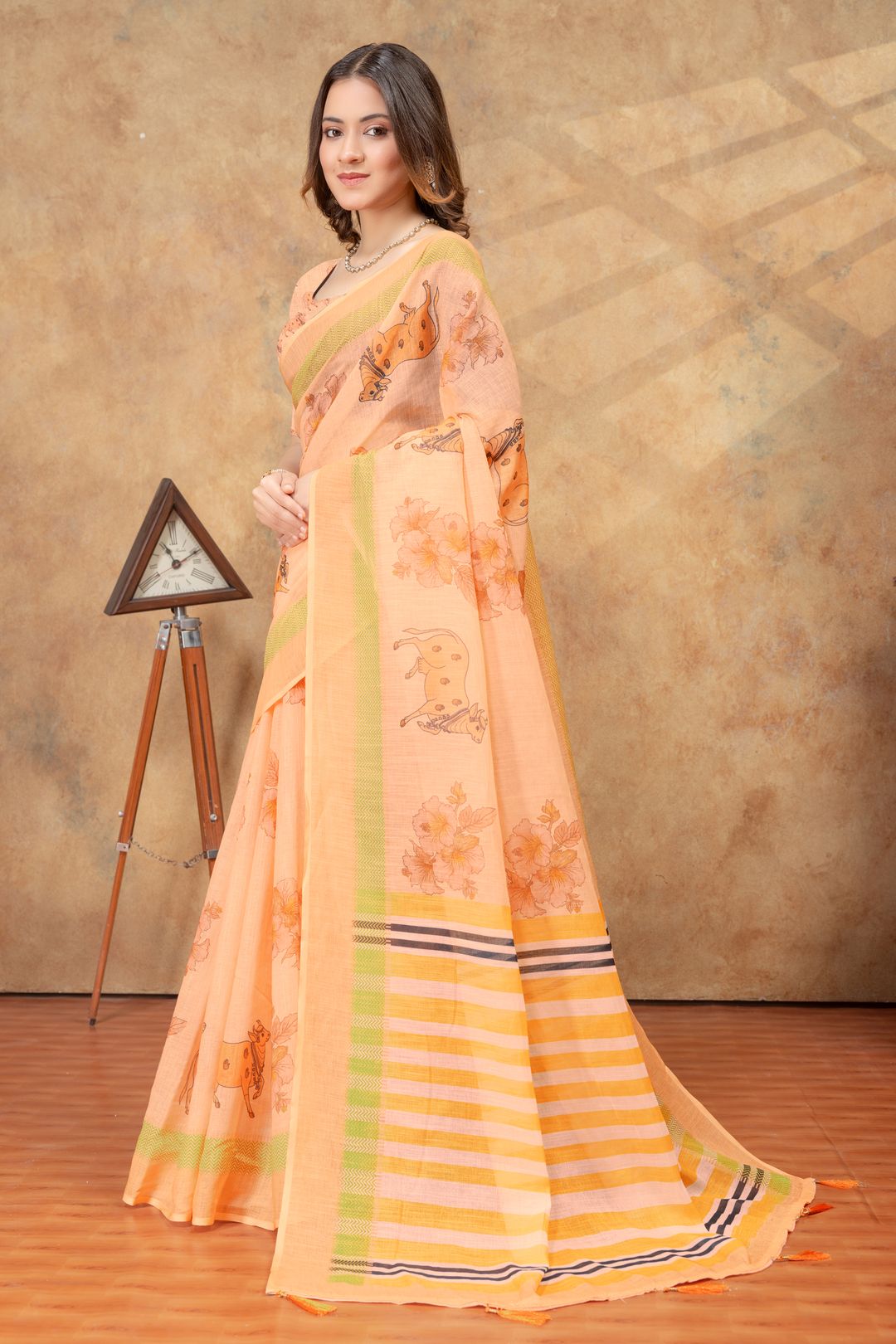 Peach Linen Cotton Floral Deer Print Saree with Striped Pallu
