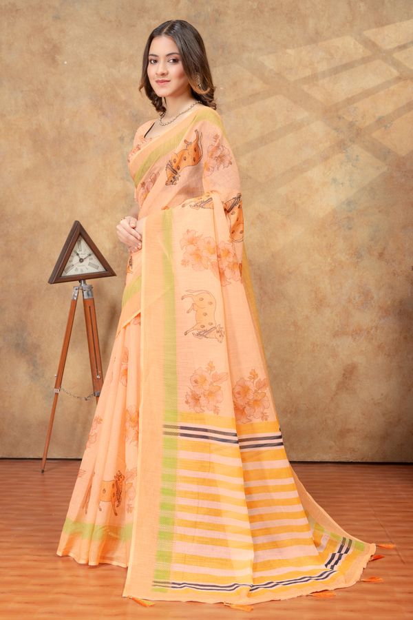 Peach Linen Cotton Floral Deer Print Saree with Striped Pallu