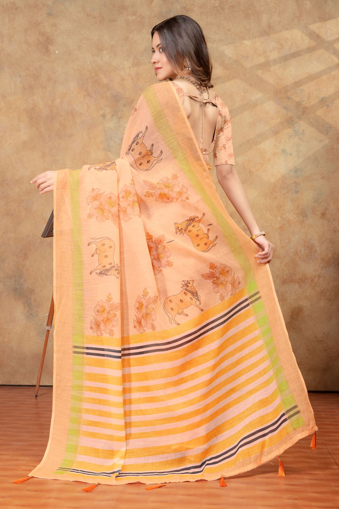 Peach Linen Cotton Floral Deer Print Saree with Striped Pallu