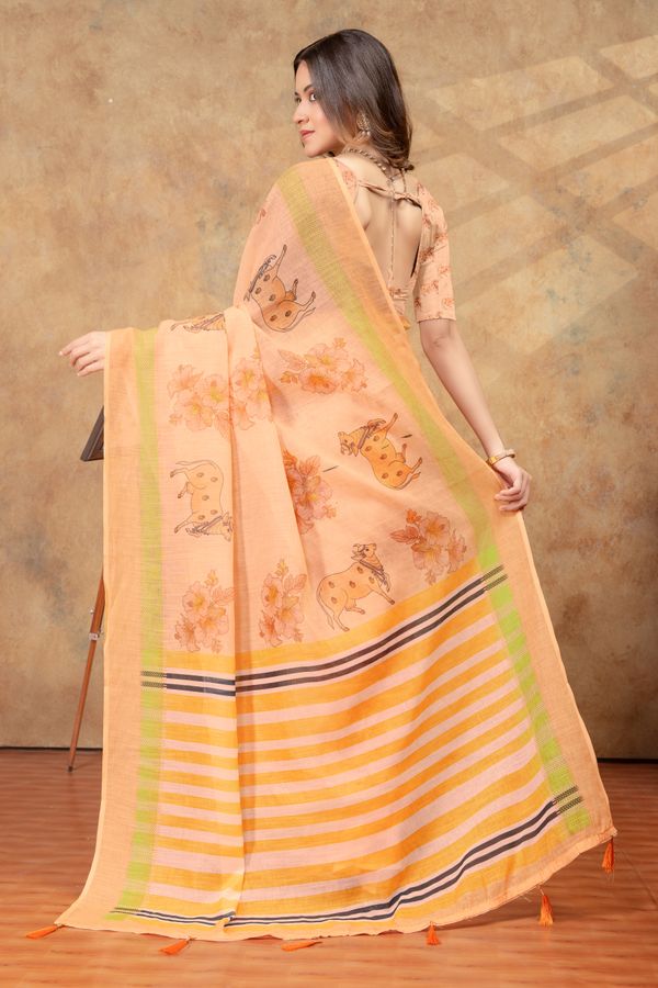 Peach Linen Cotton Floral Deer Print Saree with Striped Pallu