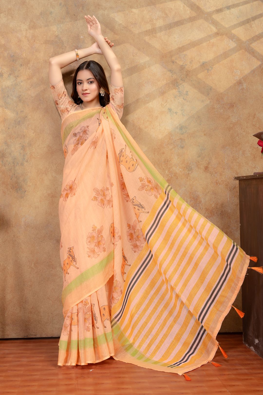 Peach Linen Cotton Floral Deer Print Saree with Striped Pallu