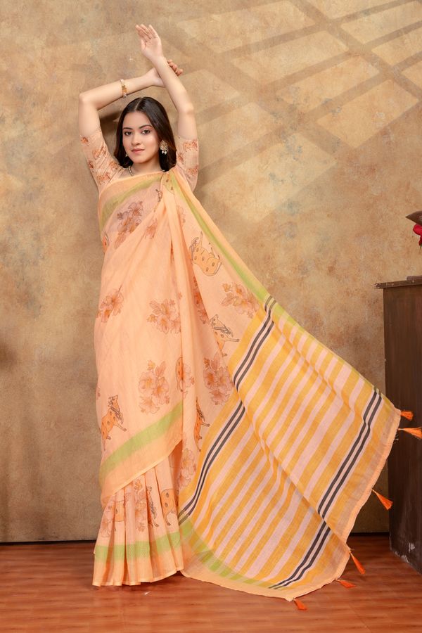 Peach Linen Cotton Floral Deer Print Saree with Striped Pallu
