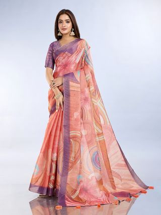 Buy Peach Abstract Print Erode Cotton Saree with Blouse Set