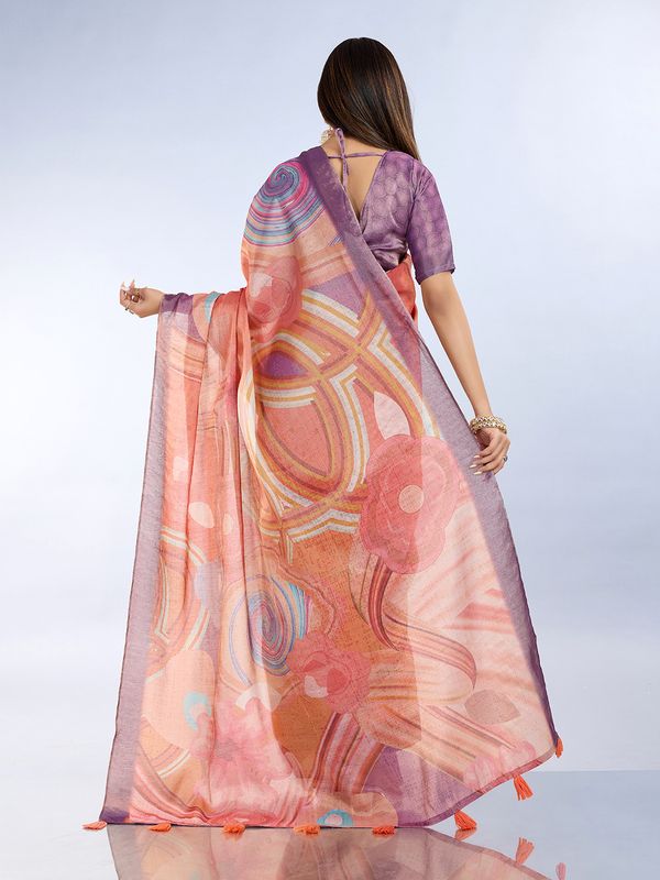 Buy Peach Abstract Print Erode Cotton Saree with Blouse Set
