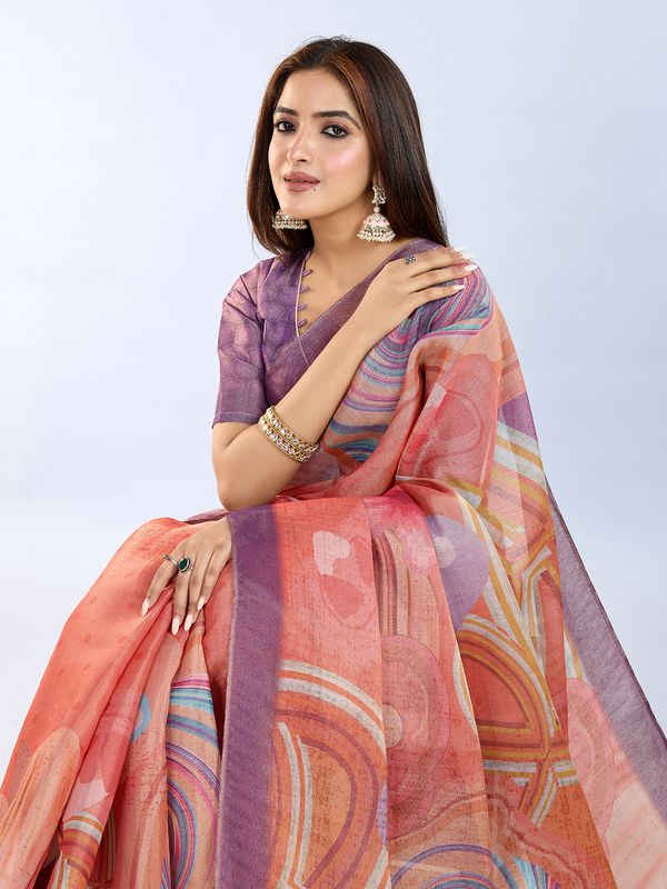Buy Peach Abstract Print Erode Cotton Saree with Blouse Set