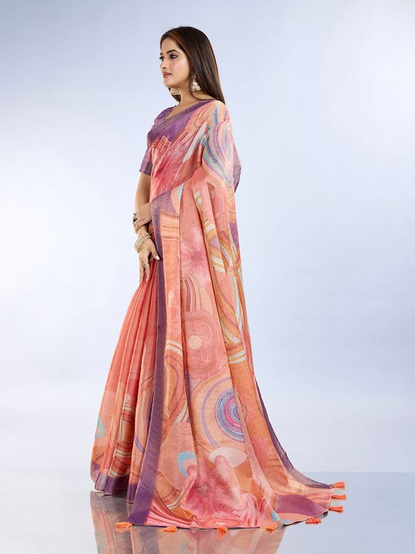 Buy Peach Abstract Print Erode Cotton Saree with Blouse Set