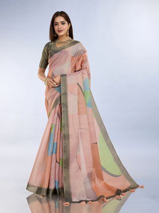 Buy Peach Abstract Erode Cotton Saree with Contrast Border