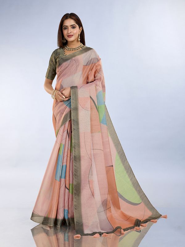 Buy Peach Abstract Erode Cotton Saree with Contrast Border