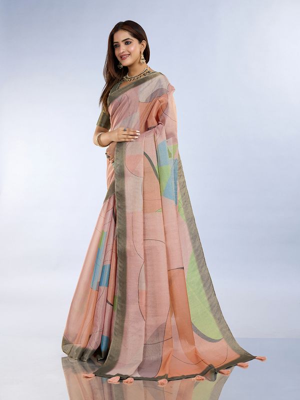 Buy Peach Abstract Erode Cotton Saree with Contrast Border