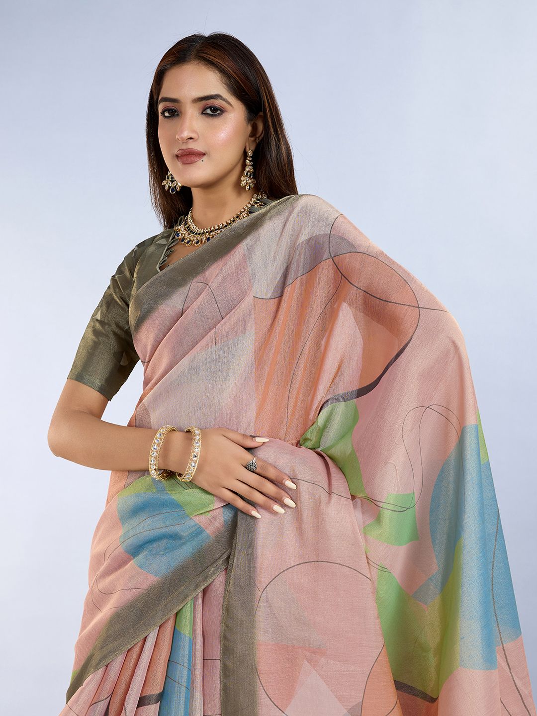 Buy Peach Abstract Erode Cotton Saree with Contrast Border