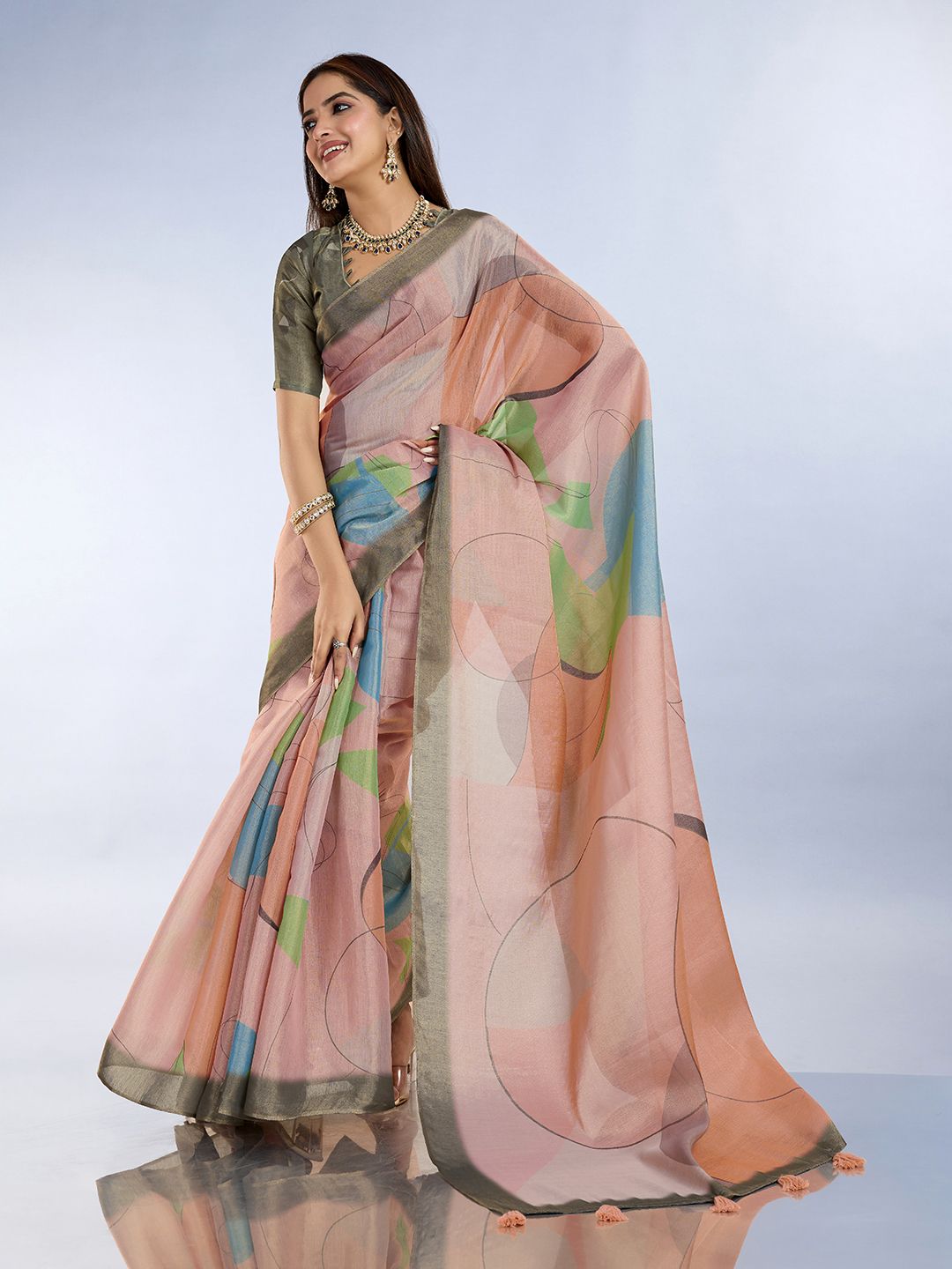 Buy Peach Abstract Erode Cotton Saree with Contrast Border