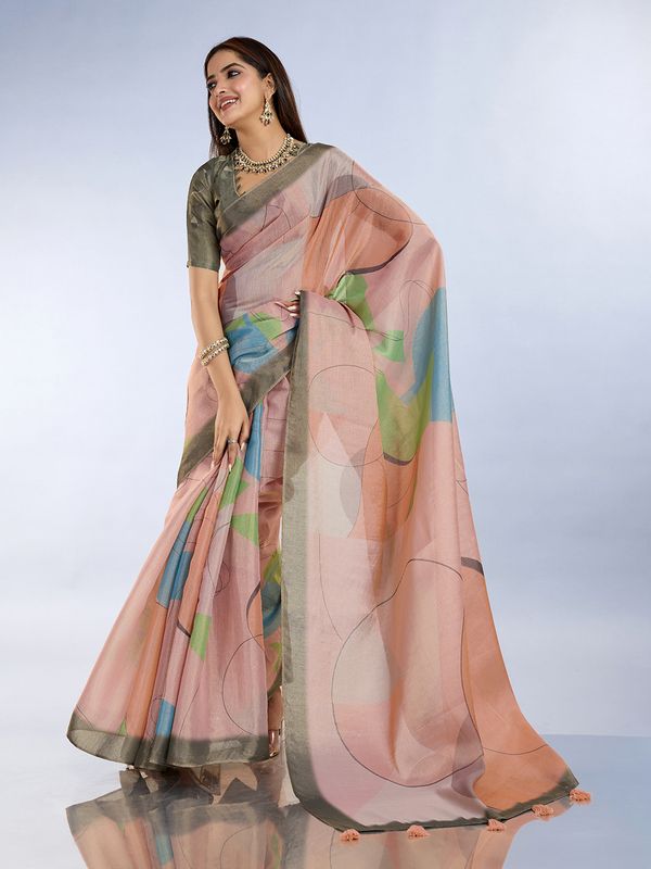 Buy Peach Abstract Erode Cotton Saree with Contrast Border