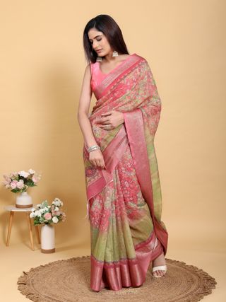 Buy Pink Floral Kalamkari Linen Cotton Saree with Jacquard Border