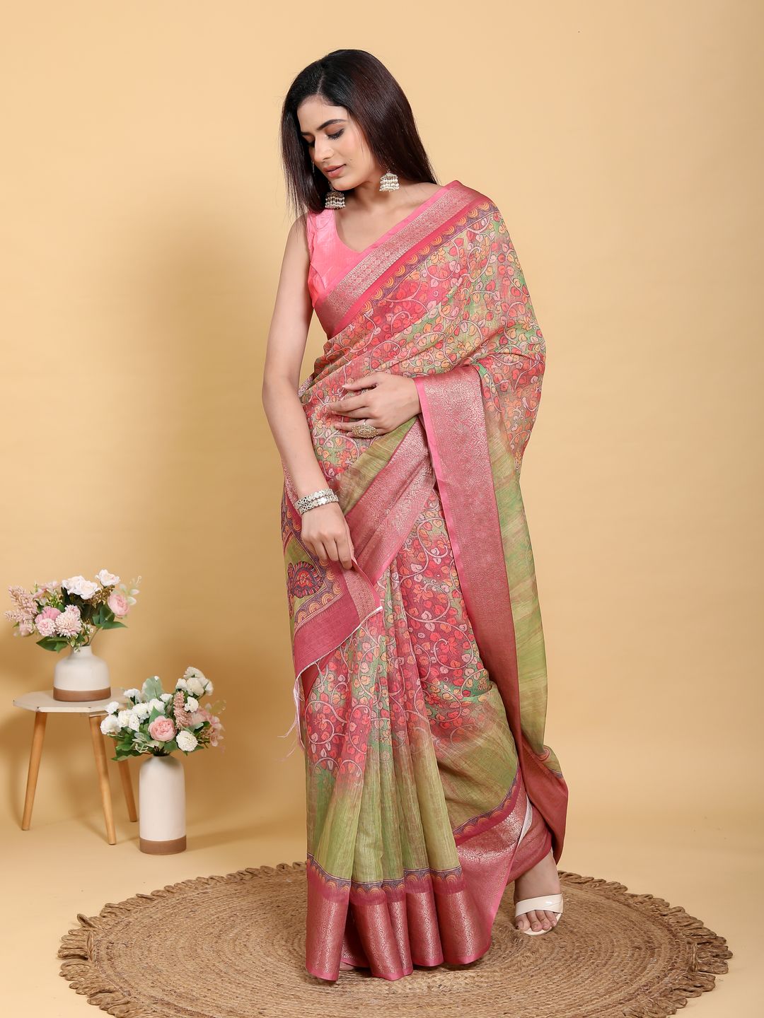 Buy Pink Floral Kalamkari Linen Cotton Saree with Jacquard Border