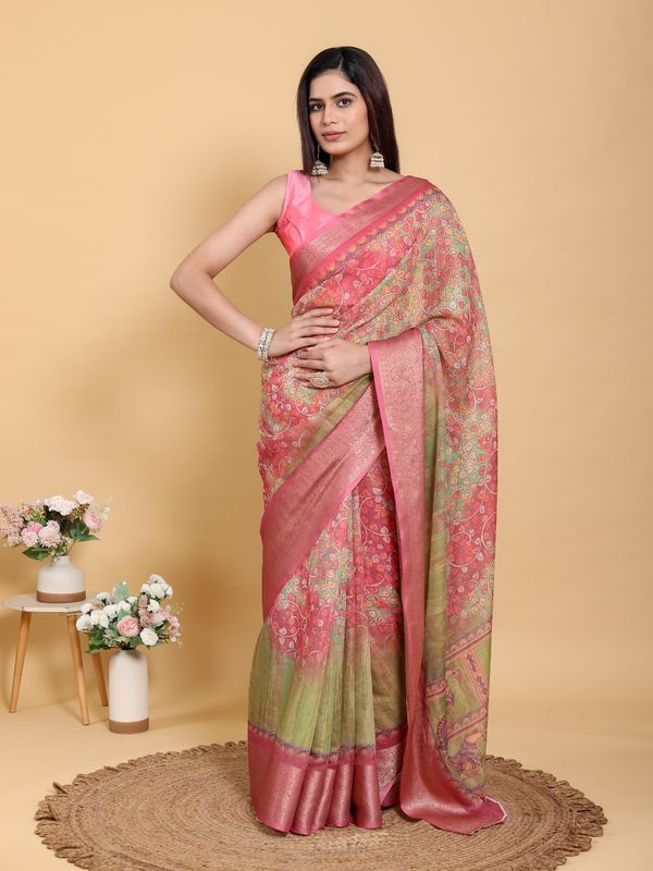 Buy Pink Floral Kalamkari Linen Cotton Saree with Jacquard Border