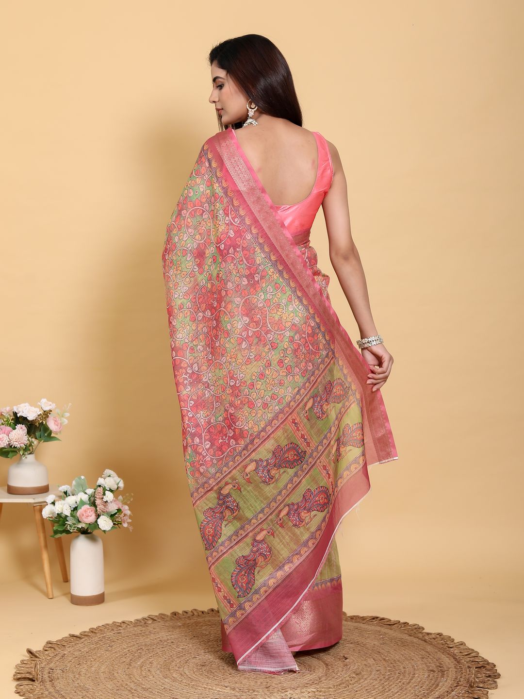 Buy Pink Floral Kalamkari Linen Cotton Saree with Jacquard Border