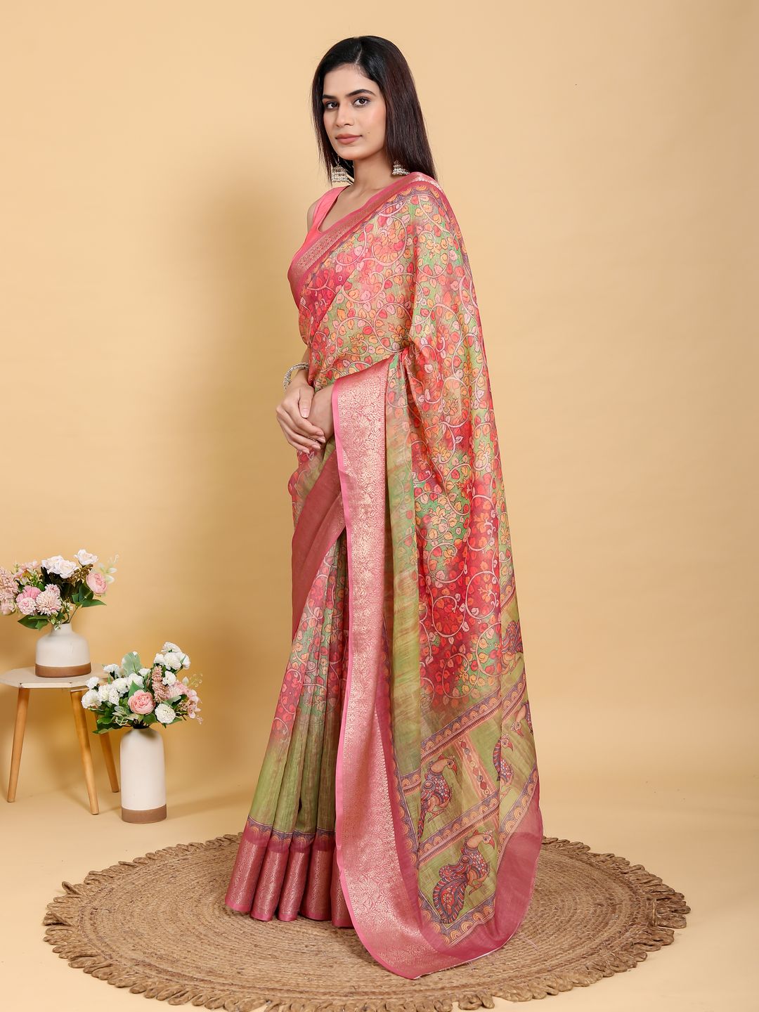 Buy Pink Floral Kalamkari Linen Cotton Saree with Jacquard Border