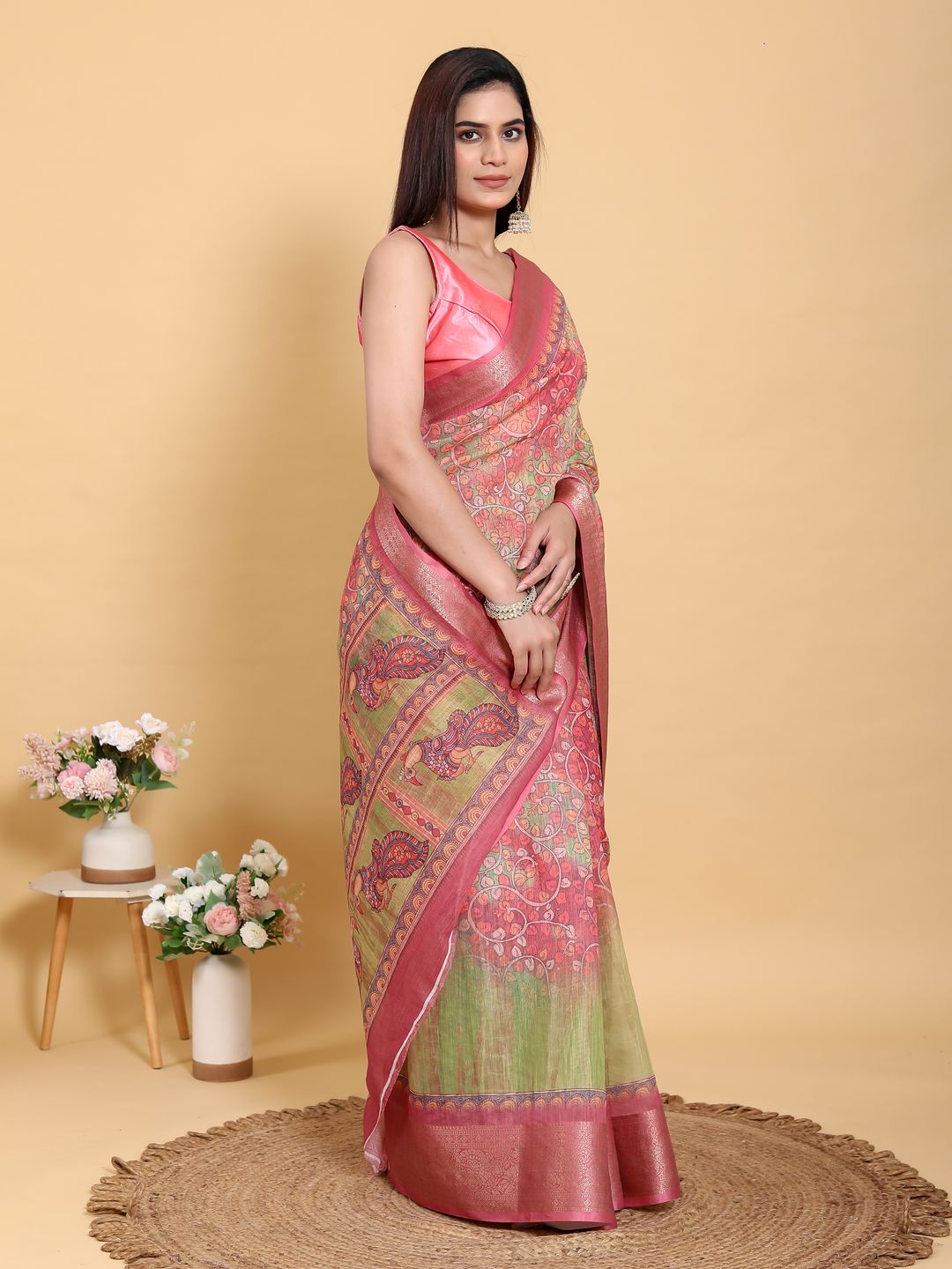 Buy Pink Floral Kalamkari Linen Cotton Saree with Jacquard Border