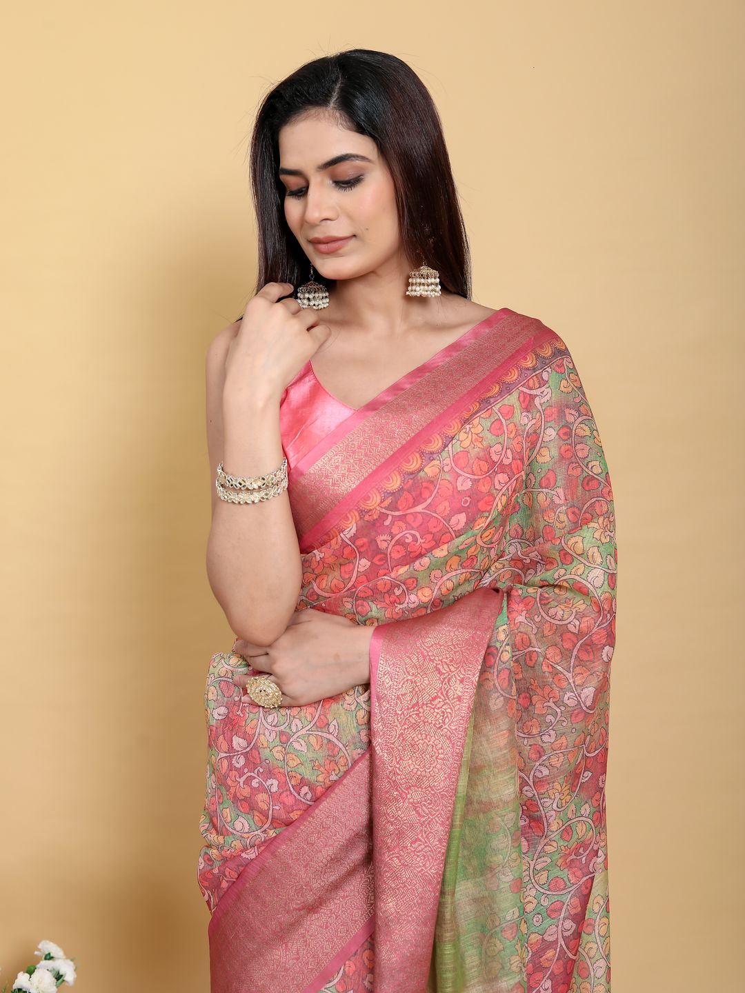 Buy Pink Floral Kalamkari Linen Cotton Saree with Jacquard Border