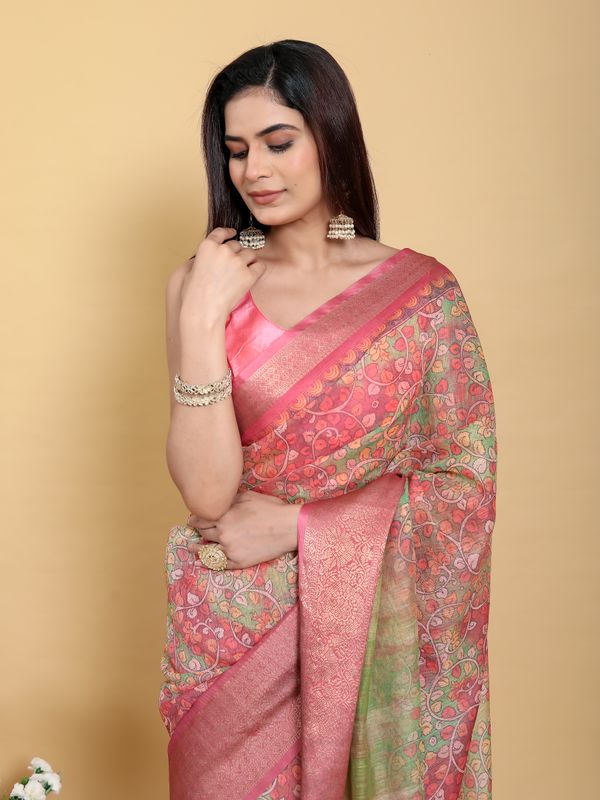 Buy Pink Floral Kalamkari Linen Cotton Saree with Jacquard Border