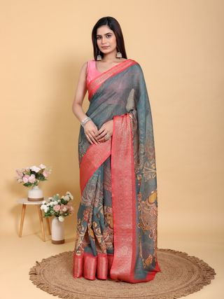 Buy Teal Blue Kalamkari Linen Cotton Saree with Coral Border