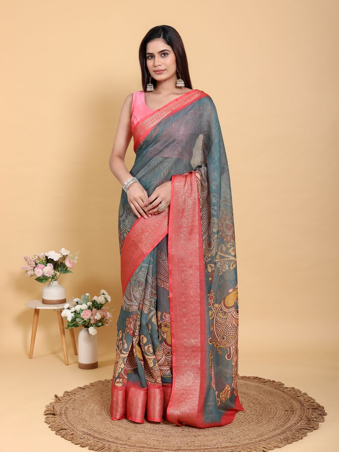 Buy Teal Blue Kalamkari Linen Cotton Saree with Coral Border