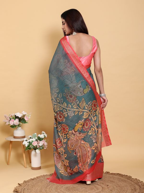 Buy Teal Blue Kalamkari Linen Cotton Saree with Coral Border