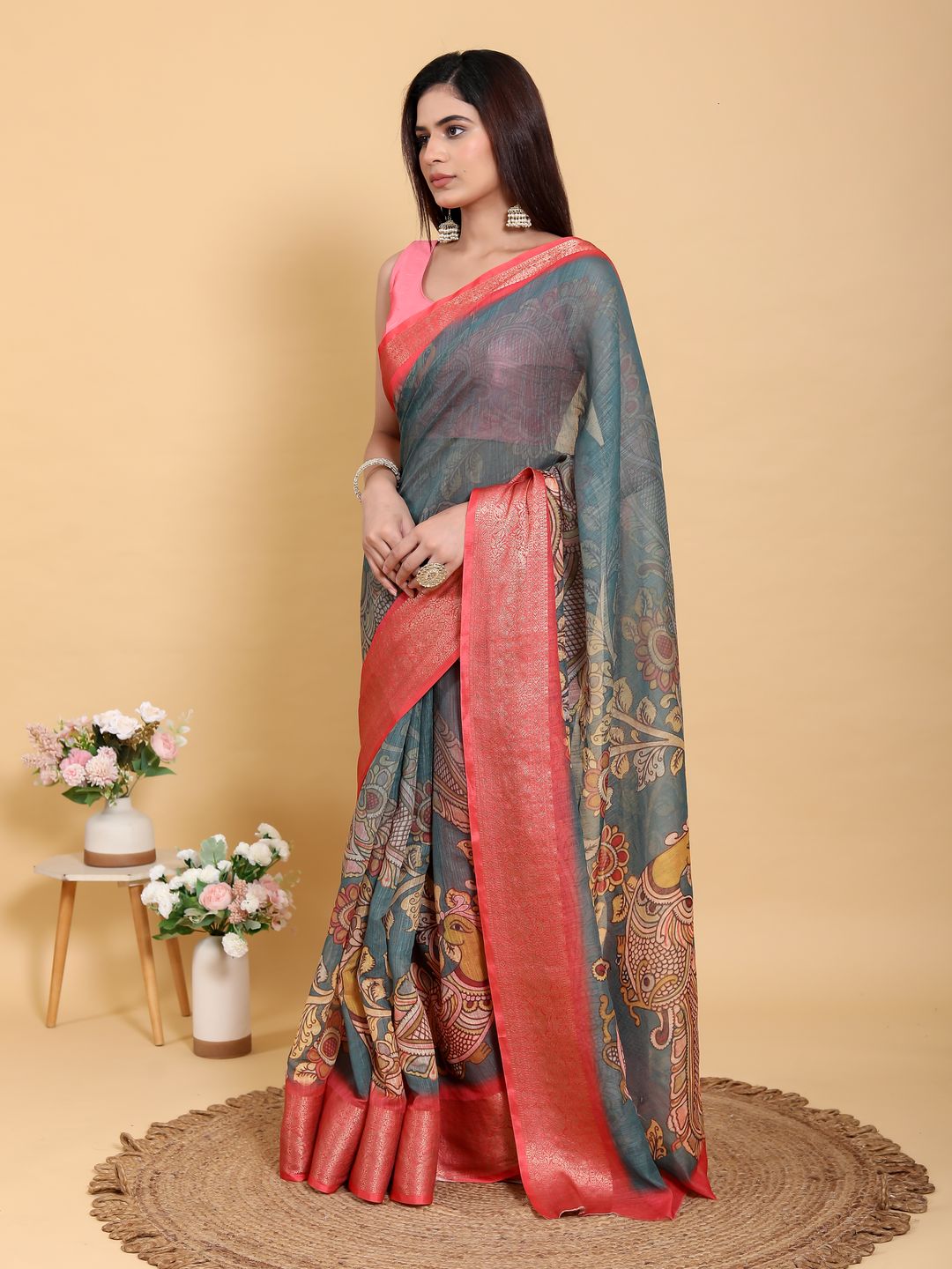 Buy Teal Blue Kalamkari Linen Cotton Saree with Coral Border