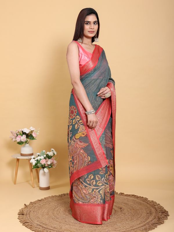 Buy Teal Blue Kalamkari Linen Cotton Saree with Coral Border