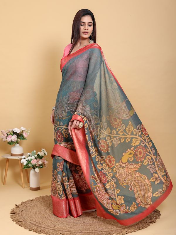 Buy Teal Blue Kalamkari Linen Cotton Saree with Coral Border